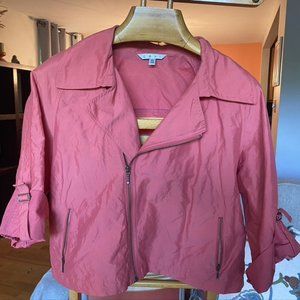 CAbi pink coral cropped moto jacket